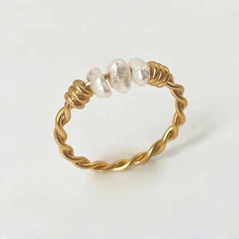 PRE ORDER Gold Plated Twist Titanium Steel Natural Freshwater Pearl Ring - Spinning Rotating Fidget Anxiety Ring - Mindful Rings