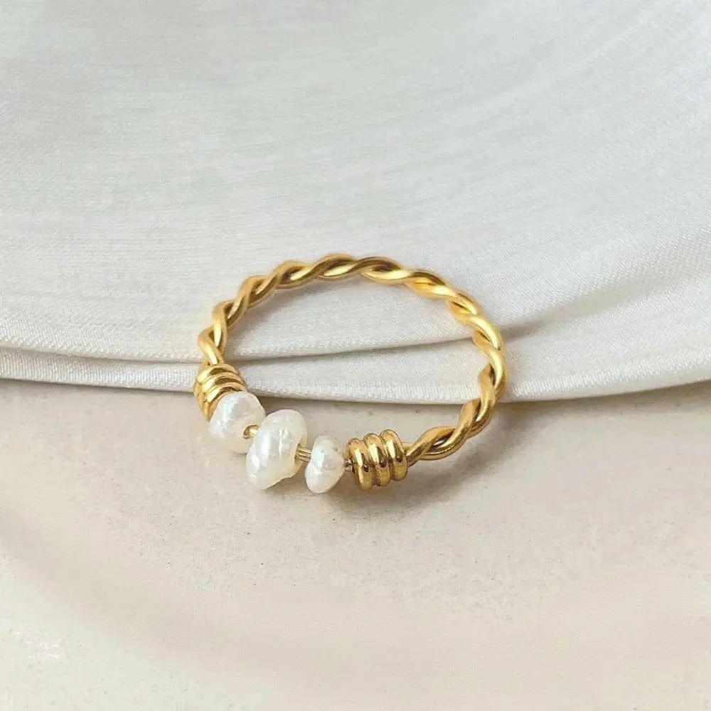 PRE ORDER Gold Plated Twist Titanium Steel Natural Freshwater Pearl Ring - Spinning Rotating Fidget Anxiety Ring - Mindful Rings