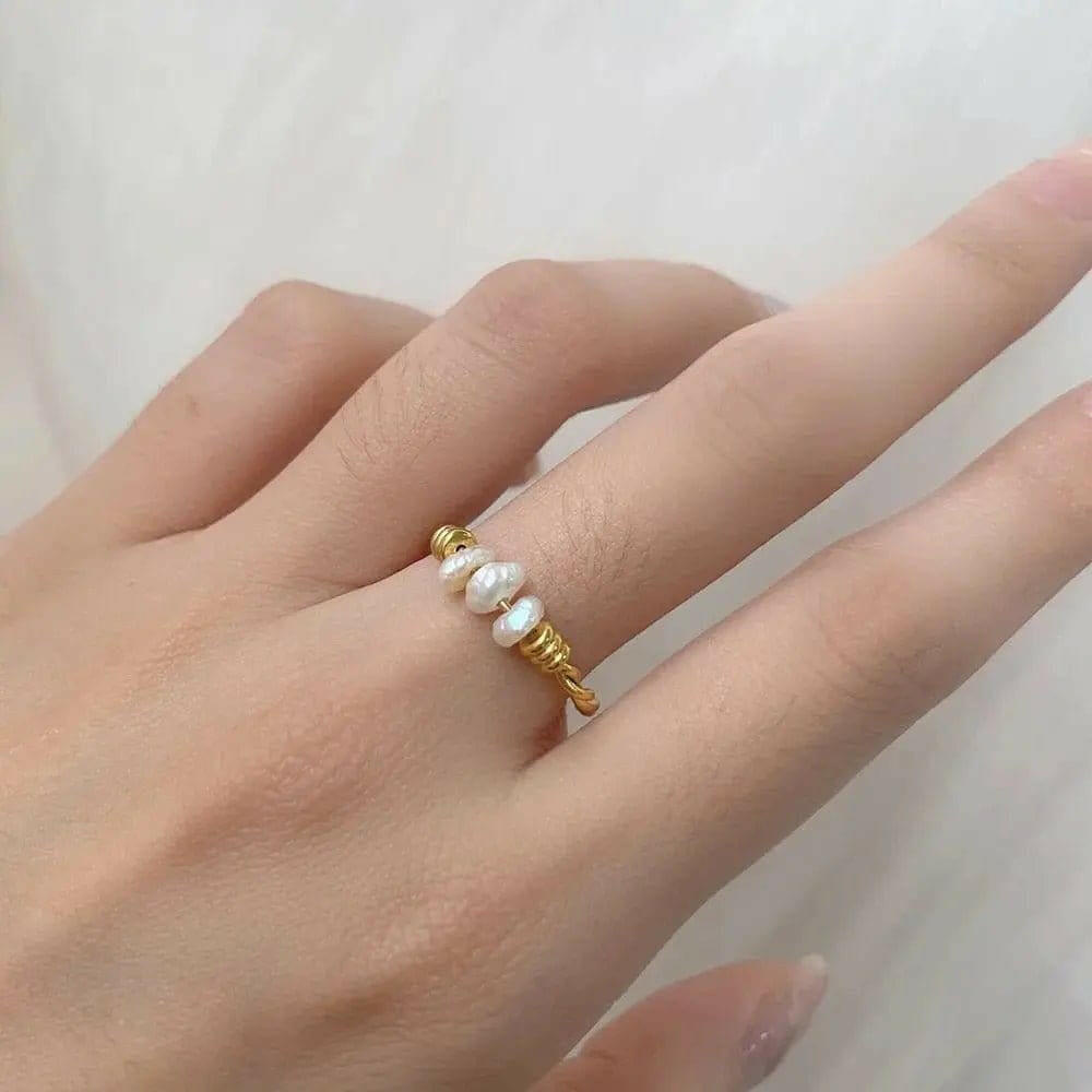 PRE ORDER Gold Plated Twist Titanium Steel Natural Freshwater Pearl Ring - Spinning Rotating Fidget Anxiety Ring - Mindful Rings