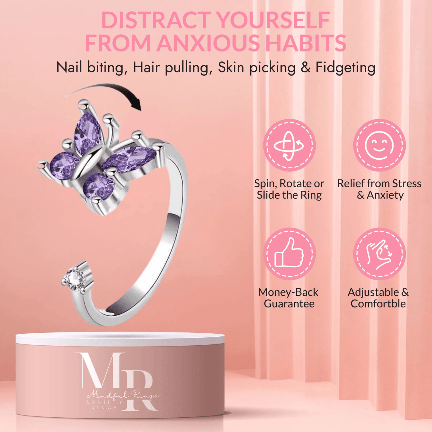 The Awakened Collection Mindful Rings - Purple Butterfly Fidget Spinner Ring - Mindful Rings