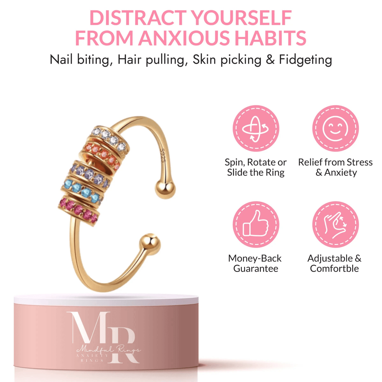 The Rainbow Embrace Collection - Gold Plated Fidget Spinner Ring - Mindful Rings