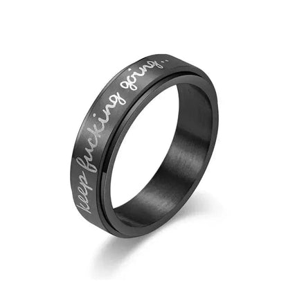 Mindful Rings Anxiety Ring Affirmation Collection Black 8mm Stainless Steel "Keep F**king Going" Laser Etched Spinner Rin - Rotating Anxiety Relief Jewellery