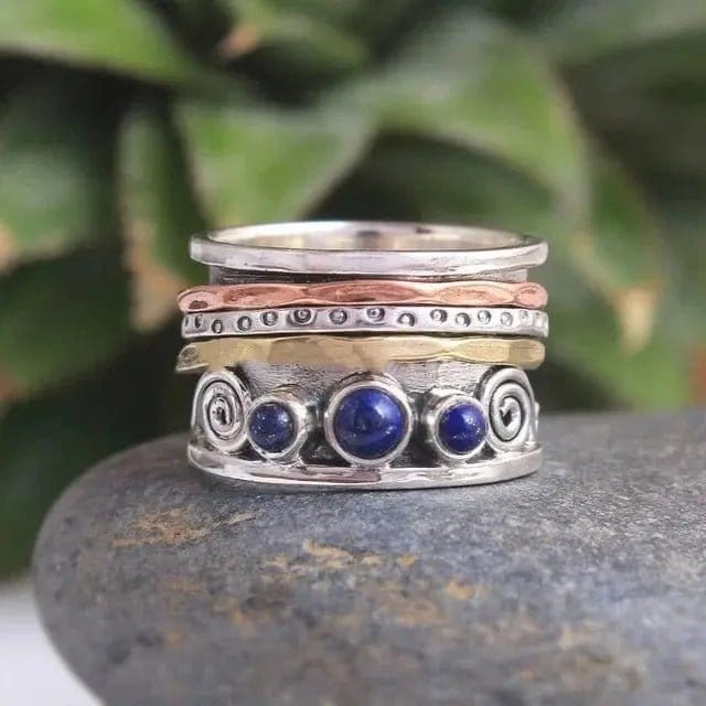 Mindful Rings Anxiety Ring Bohemian Vintage Wide Blue Crystal 3 Tone Ring - Non Moving