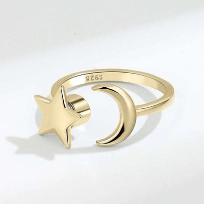 Mindful Rings Anxiety Ring Adjustable Size - One Size Fits All Gold Plated Mindful Fidget Star and Moon Ring Silver