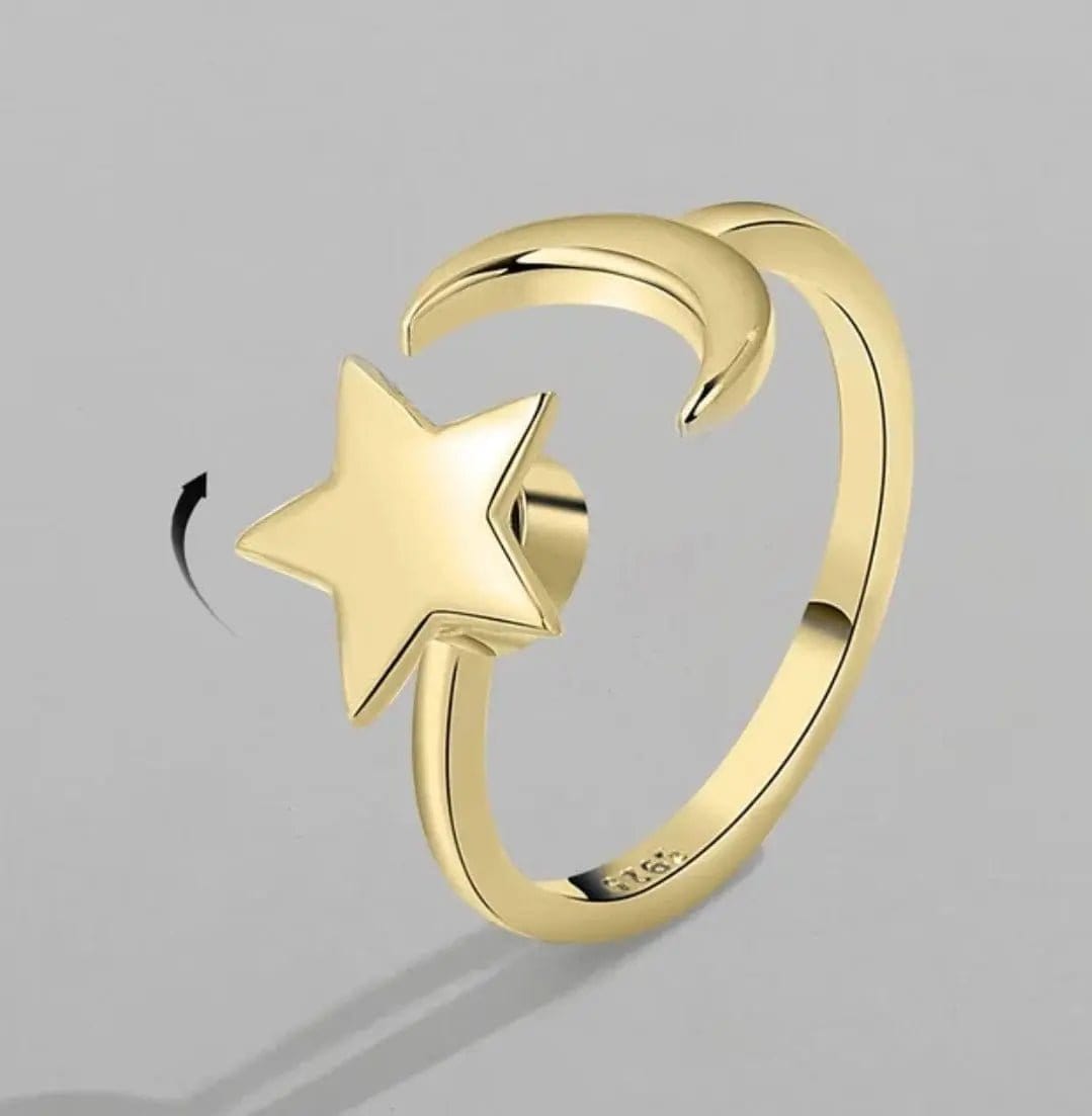 Mindful Rings Anxiety Ring Adjustable Size - One Size Fits All Gold Plated Mindful Fidget Star and Moon Ring Silver