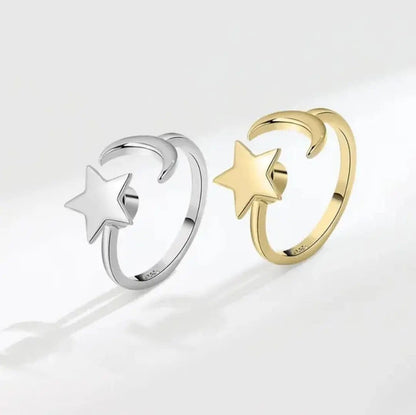 Mindful Rings Anxiety Ring Adjustable Size - One Size Fits All Gold Plated Mindful Fidget Star and Moon Ring Silver