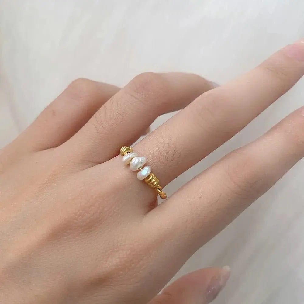 Mindful Rings Anxiety Ring Gold Plated Twist Titanium Steel Natural Freshwater Pearl Ring  -  Spinning Rotating Fidget Anxiety Ring