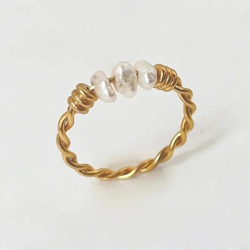 Mindful Rings Anxiety Ring Gold Plated Twist Titanium Steel Natural Freshwater Pearl Ring  -  Spinning Rotating Fidget Anxiety Ring