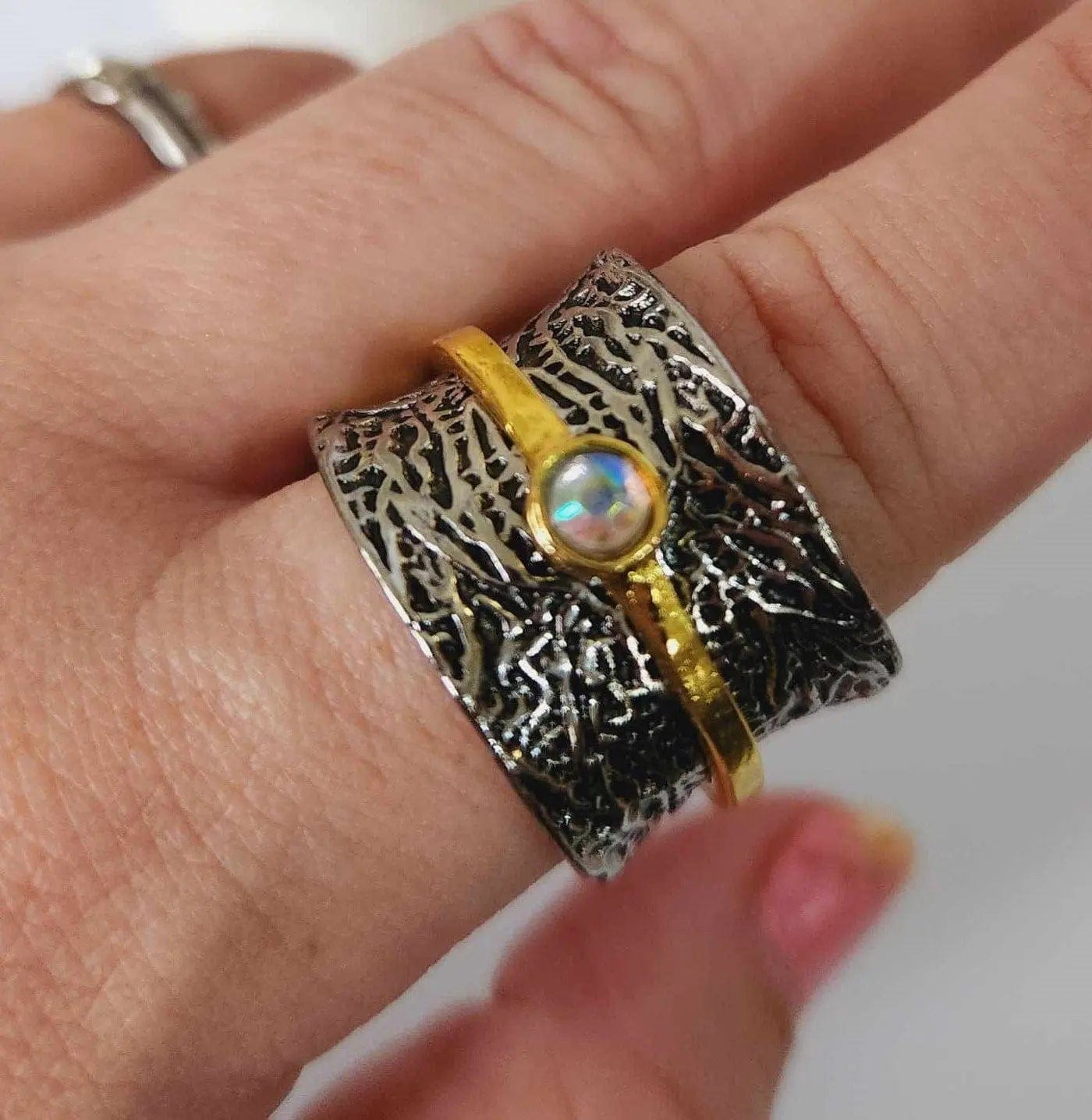 Mindful Rings Anxiety Ring Meditation Spinner Ring - Golden Opal Fidget Anxiety Ring