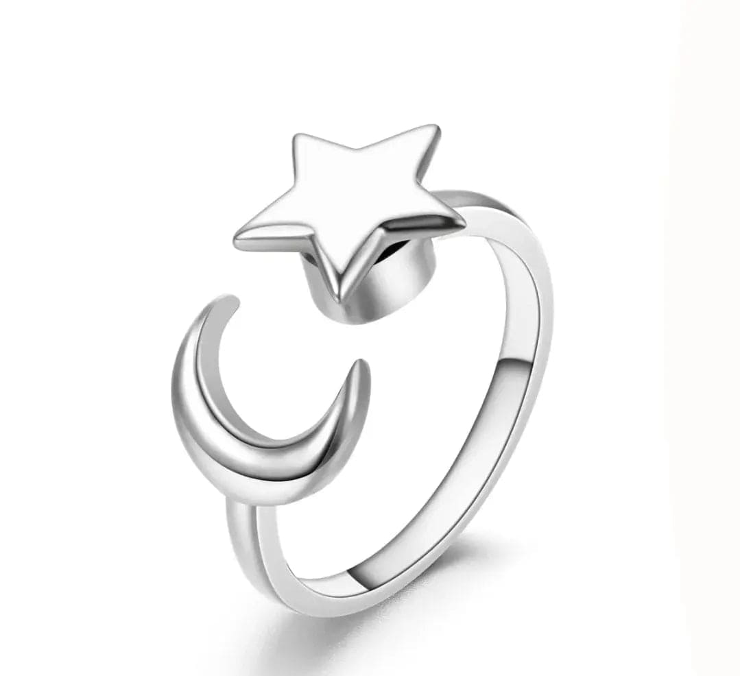 Mindful Rings Anxiety Ring Adjustable Size - One Size Fits All Mindful Anxiety Fidget Star and Moon Ring Silver