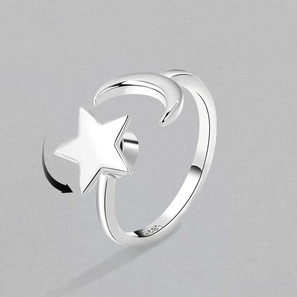 Mindful Rings Anxiety Ring Adjustable Size - One Size Fits All Mindful Anxiety Fidget Star and Moon Ring Silver