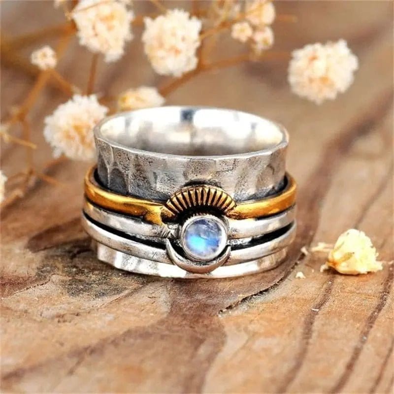 Mindful Rings Anxiety Ring Moonstone Sun 2 Tone Non Moving Bohemian Style Thump Ring