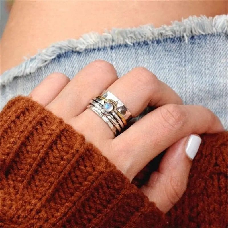 Mindful Rings Anxiety Ring Moonstone Sun 2 Tone Non Moving Bohemian Style Thump Ring