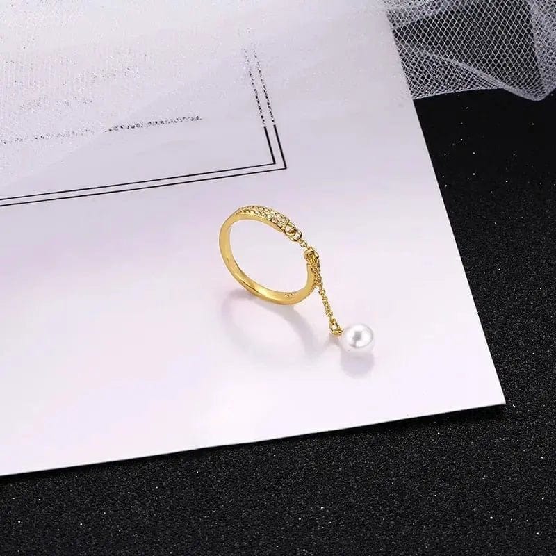 Mindful Rings Anxiety Ring Simulated Pearl Dangle Cz Gem Chain Ring  -  Fidget Anxiety Ring