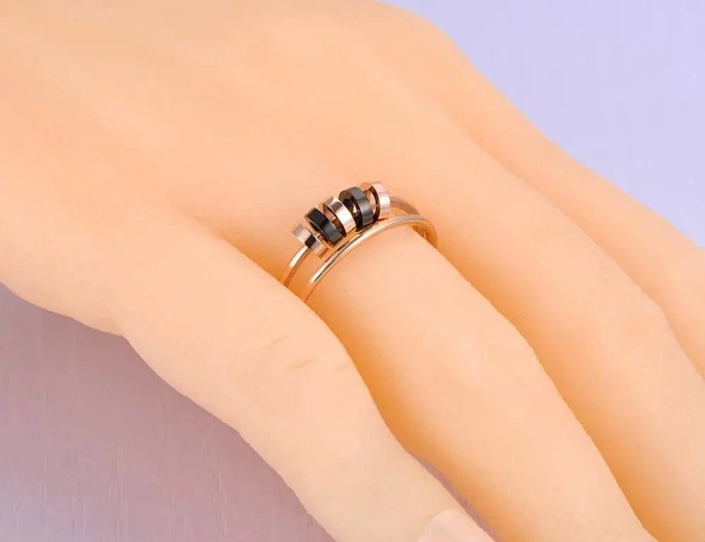 Mindful Rings Anxiety Ring Stainless Steel Mosaic Rhinestone Geometry Circle Ring - Black and Rose Gold