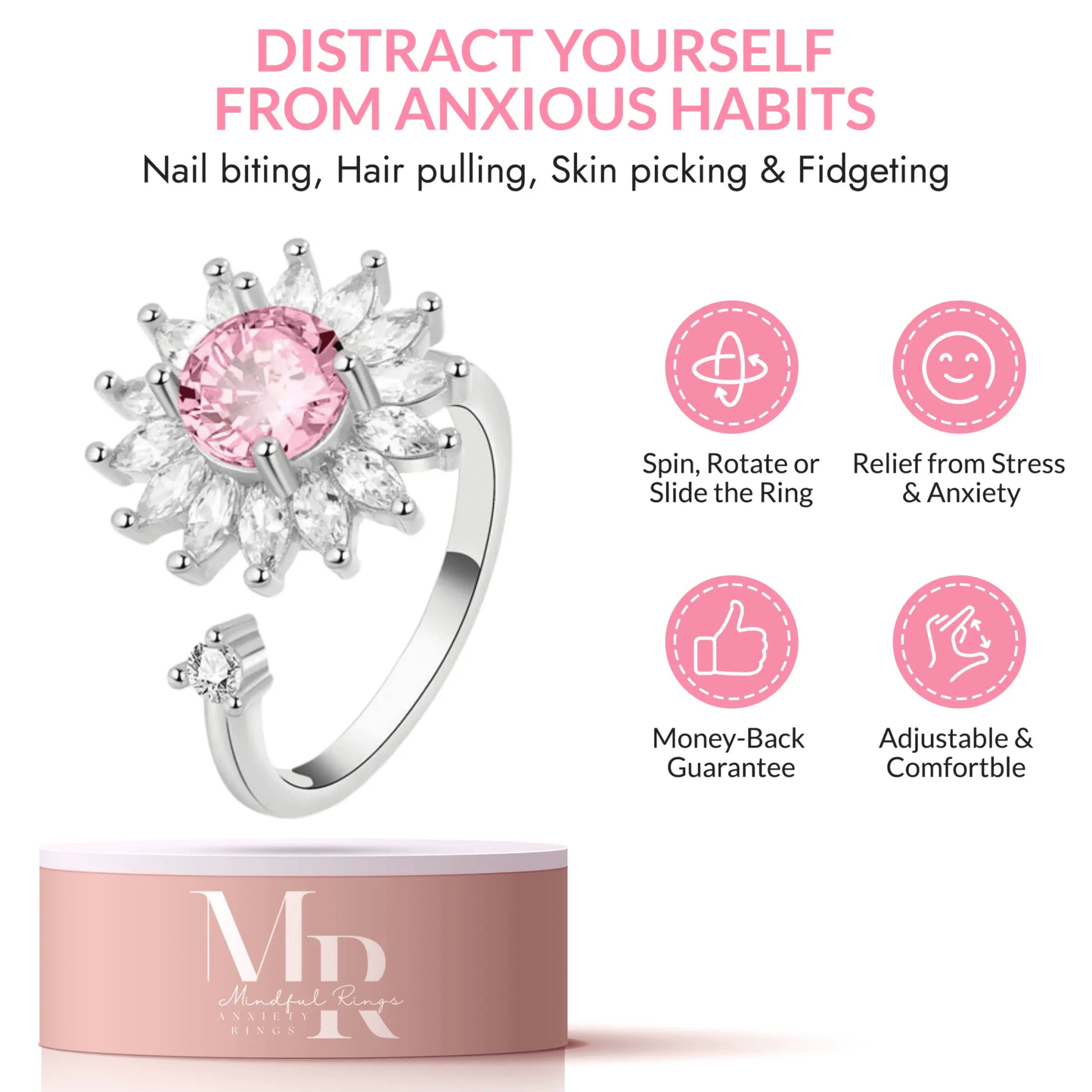 Mindful Rings Anxiety Ring Adjustable Size - One Size Fits All Sterling Silver - Pink Sun Flower Gratitude Fidget Spinner Ring