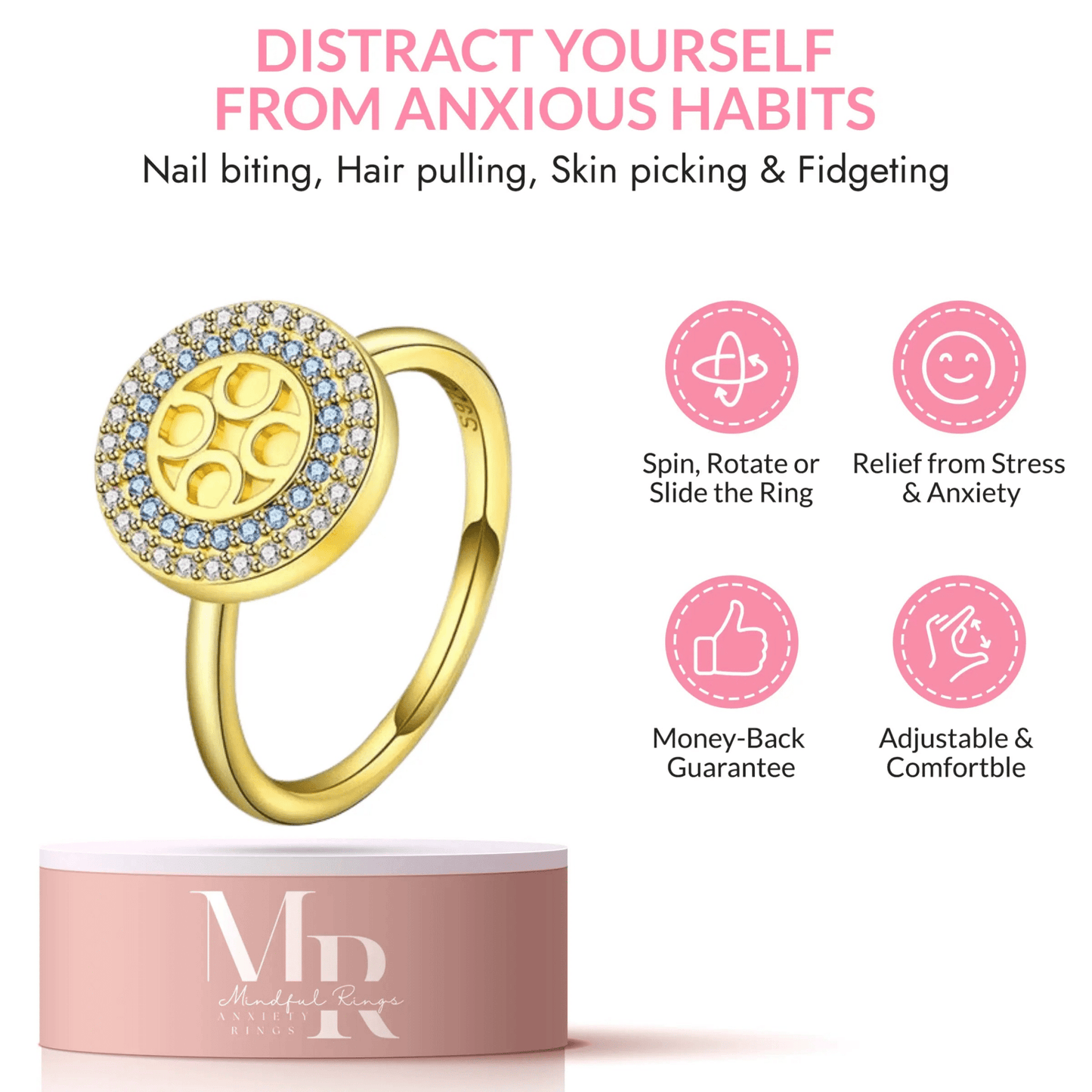 Mindful Rings Anxiety Ring Adjustable Size - One Size Fits All The Blessing Collection - Gold Plated Blue and Clear Zircon Gems Fidget Spinner Ring