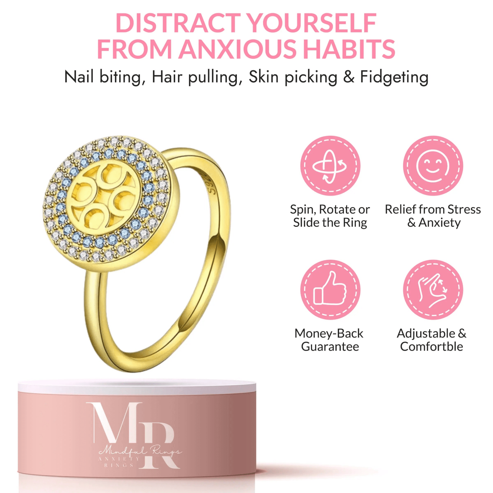 Mindful Rings Anxiety Ring Adjustable Size - One Size Fits All The Blessing Collection - Gold Plated Blue and Clear Zircon Gems Fidget Spinner Ring