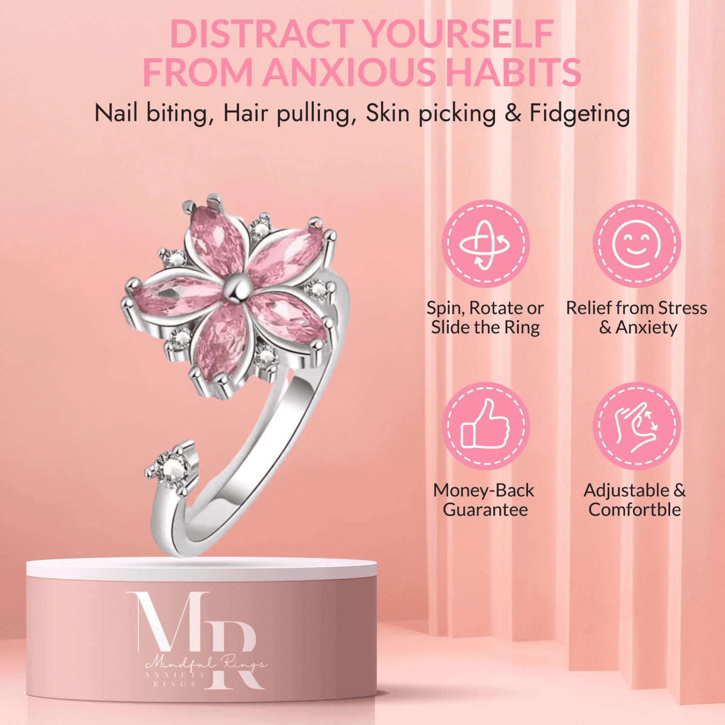 Mindful Rings Anxiety Ring Adjustable Size - One Size Fits All The Breath Collection Mindful Rings - Pink Flower Fidget Spinner Ring