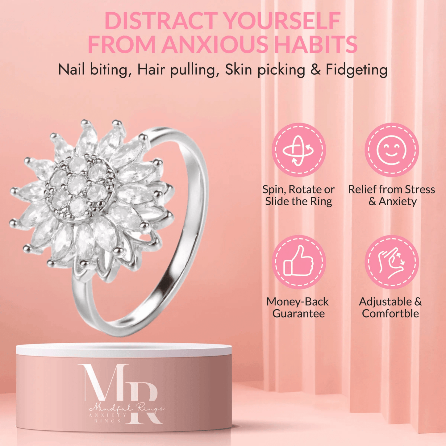 Mindful Rings Anxiety Ring Adjustable Size - One Size Fits All The Clarity Collection - Large Sunflower Silver Fidget Spinner Ring