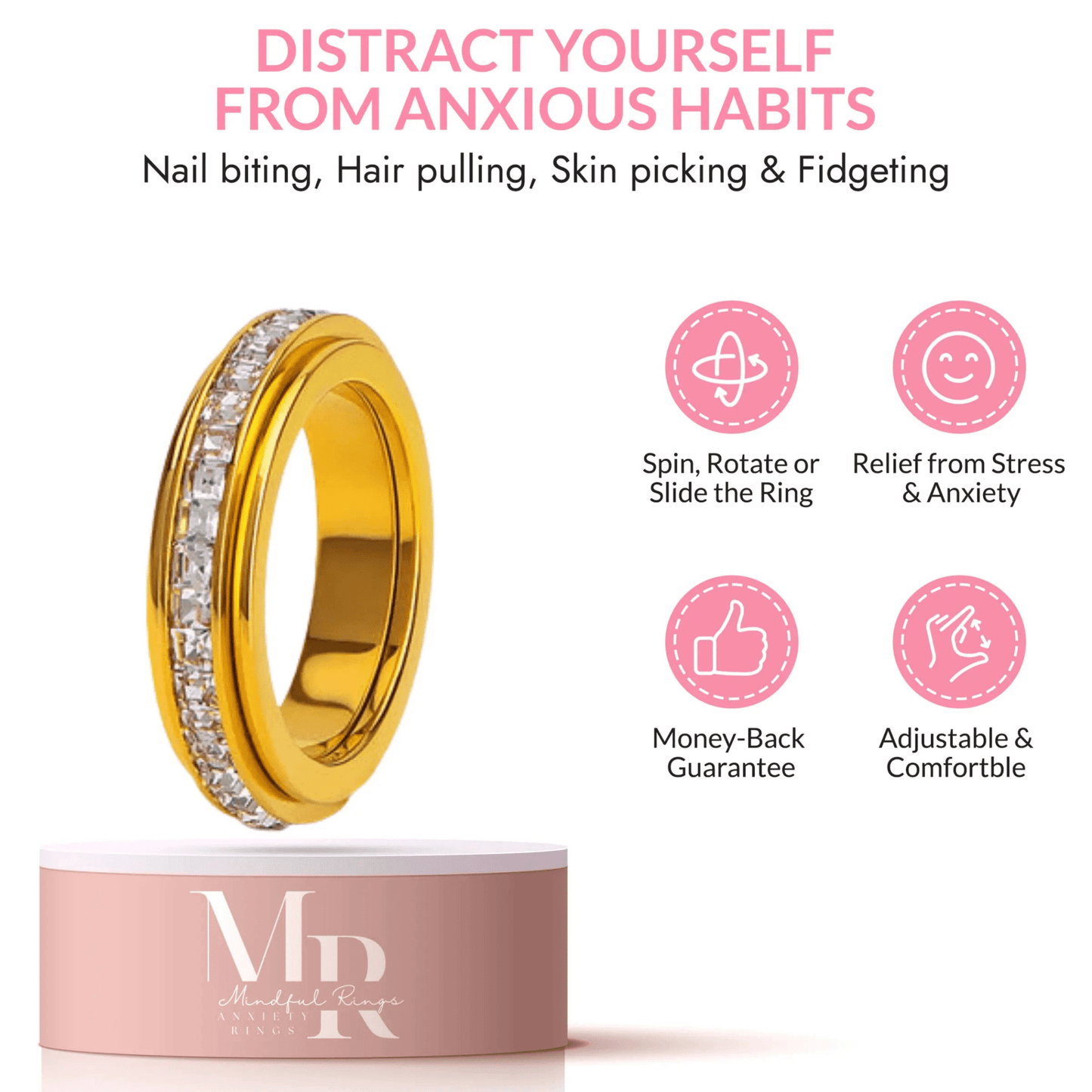 Mindful Rings Anxiety Ring The Essence Collection Mindful Rings - Gold Plated Sterling Silver Fidget Rotating Spinner Ring