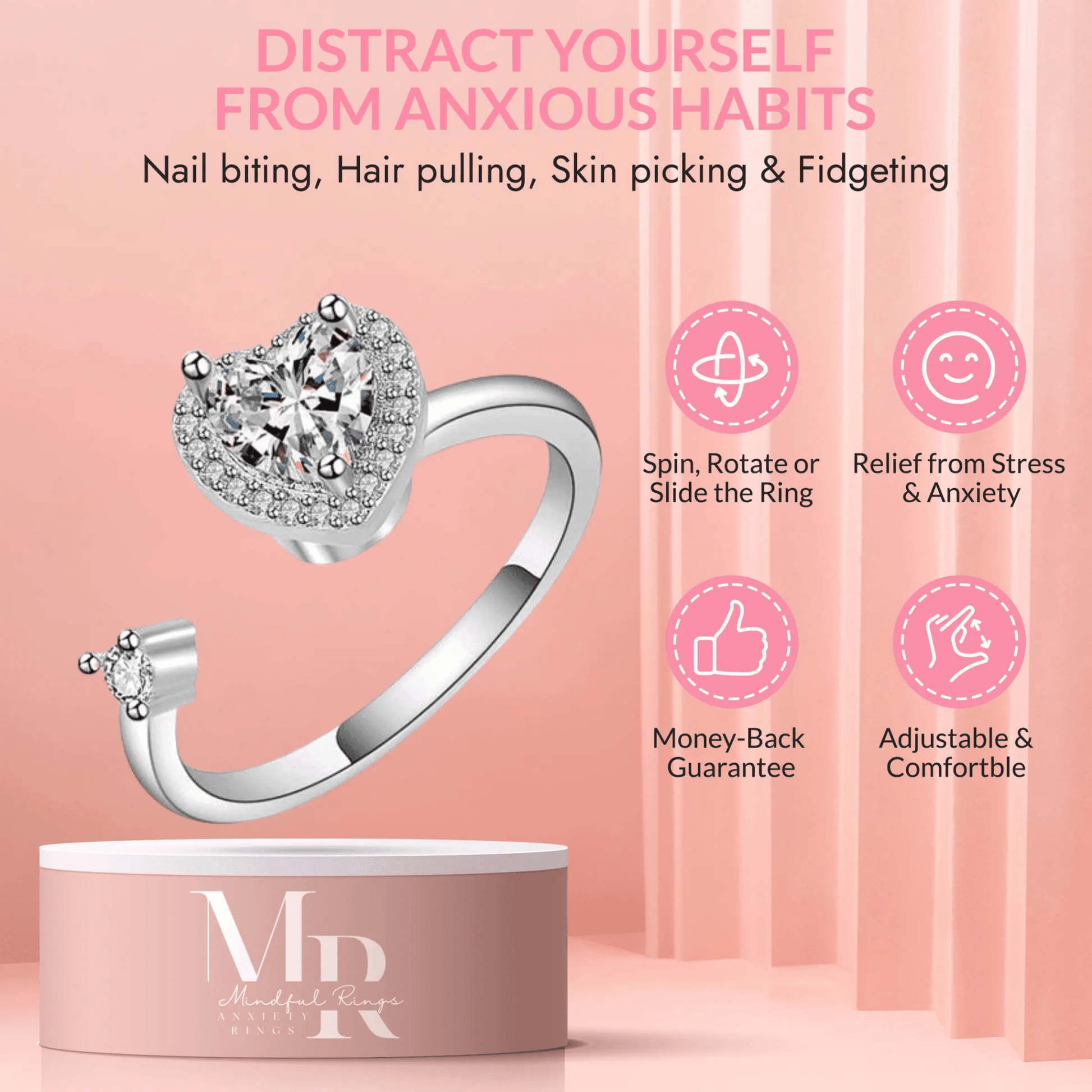 Mindful Rings Anxiety Ring Adjustable Size - One Size Fits All The Love-Centered Collection Mindful Rings - Clear Heart Gemmed Fidget Spinner Ring