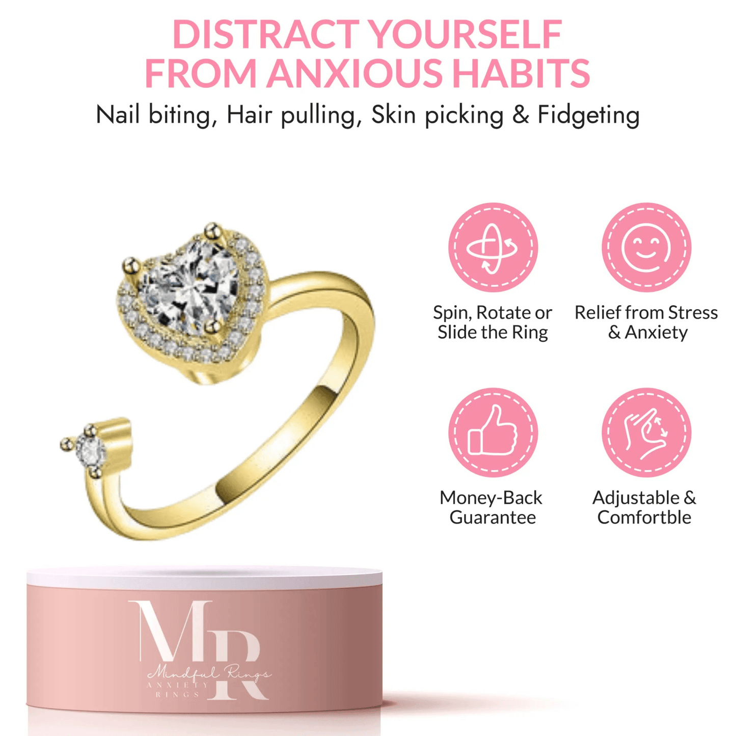 Mindful Rings Anxiety Ring Adjustable Size - One Size Fits All The Love-Centered Collection Mindful Rings - Gold Plated Clear Heart Gemmed Fidget Spinner Ring