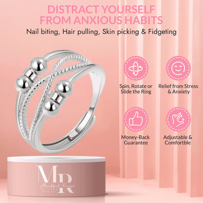 Mindful Rings Anxiety Ring Adjustable Size - One Size Fits All The Mind-Body Collection - Silver Fidget Spinner Ring