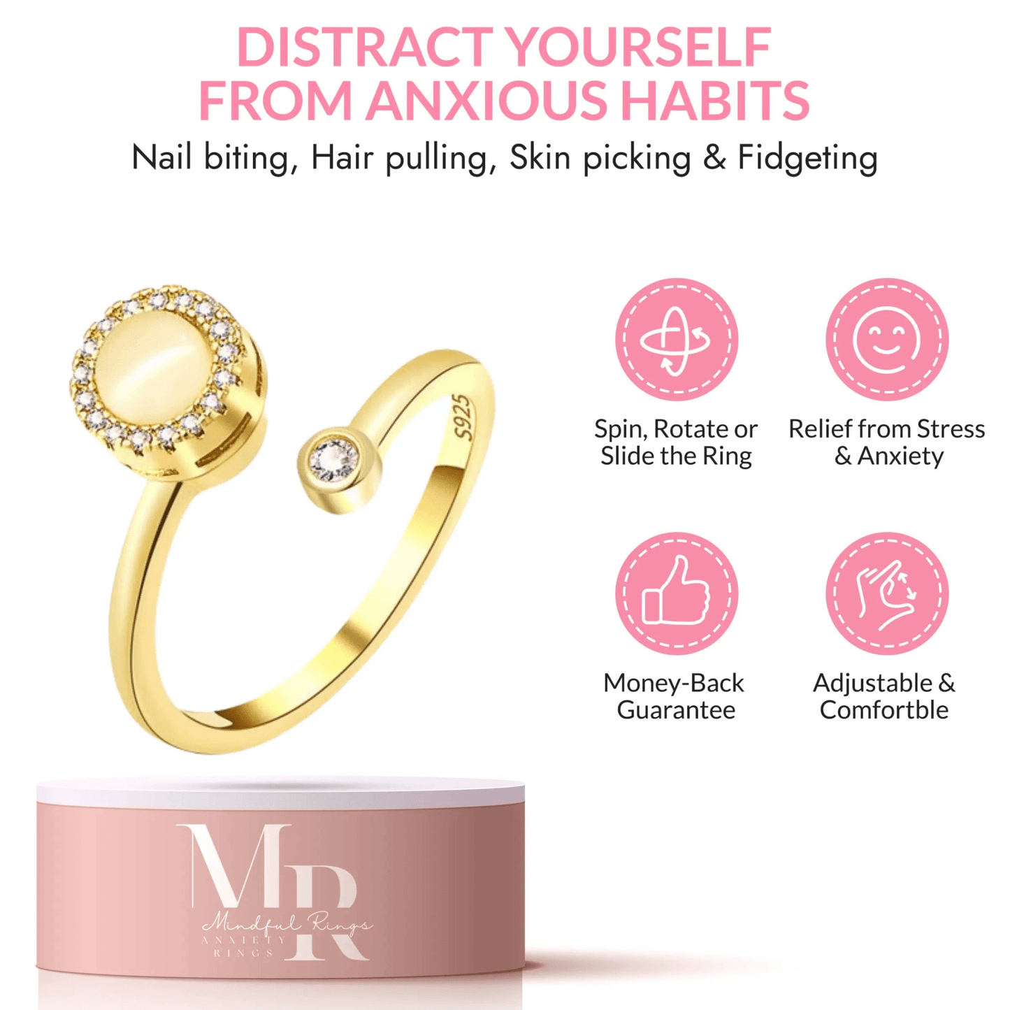 Mindful Rings Anxiety Ring Adjustable Size - One Size Fits All The Moonstone Collection - Gold Plated Moonstone Fidget Spinner Ring