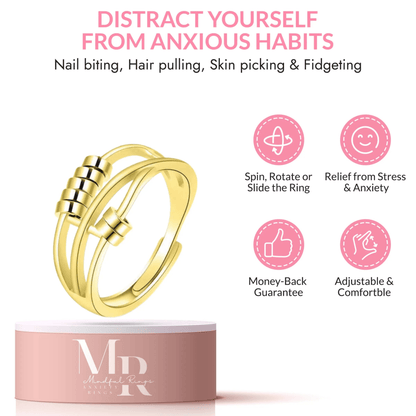 Mindful Rings Anxiety Ring Adjustable Size - One Size Fits All The Radiant Collection - Gold Plated Fidget Spinner Ring