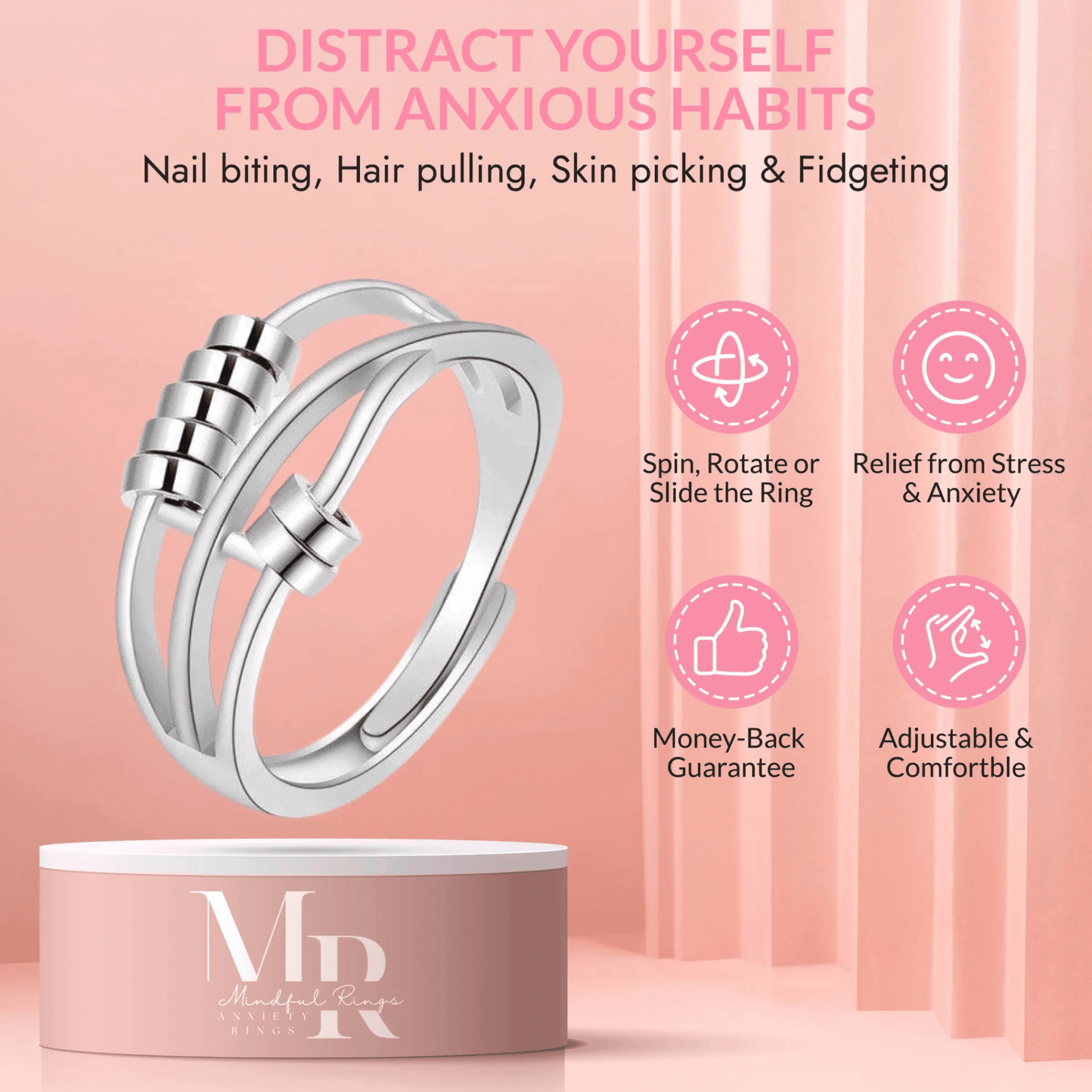 Mindful Rings Anxiety Ring Adjustable Size - One Size Fits All The Radiant Collection - Silver Fidget Spinner Ring