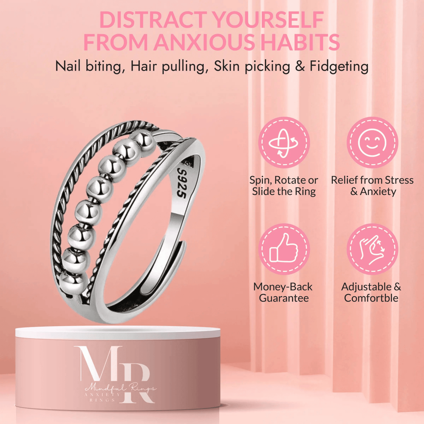 Mindful Rings Anxiety Ring Adjustable Size - One Size Fits All The Serenity Collection - Silver Fidget Spinner Ring