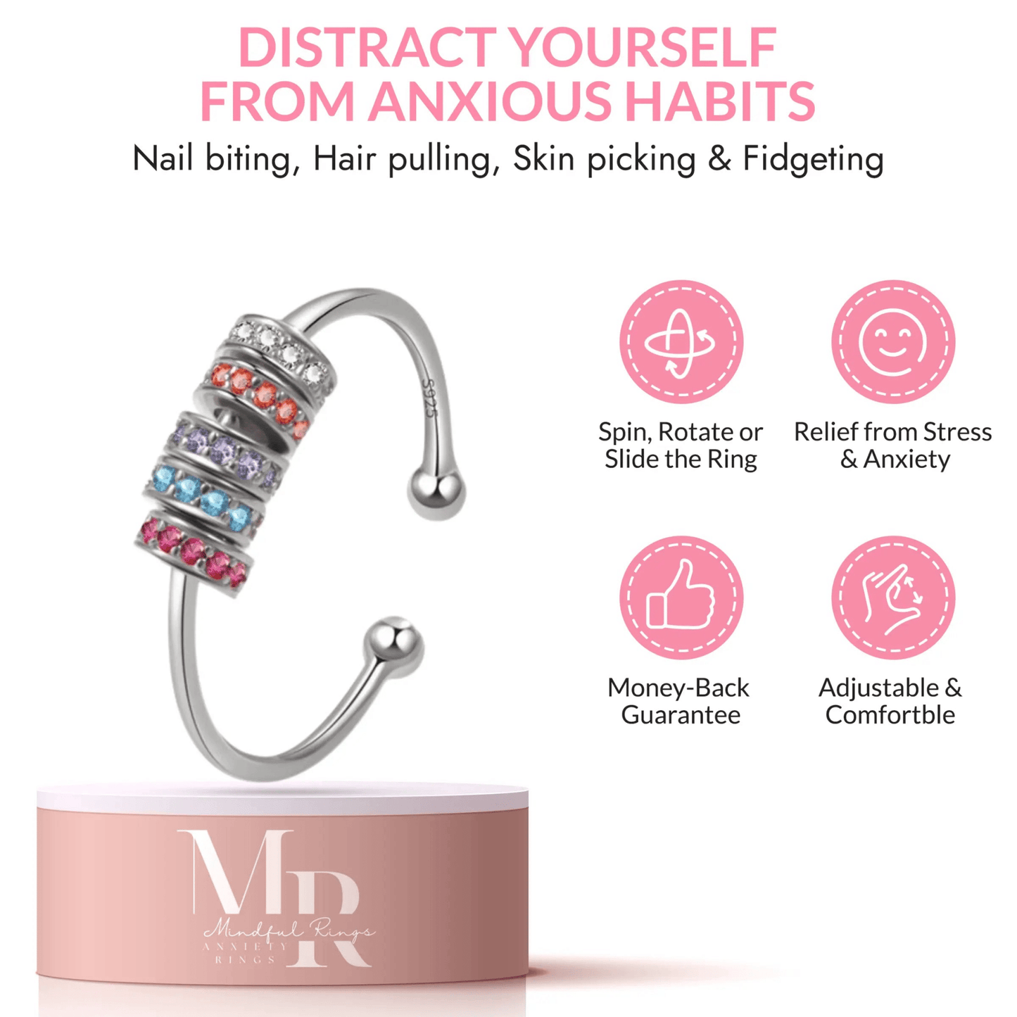 Mindful Rings Anxiety Ring Adjustable Size - One Size Fits All The Silver Rain Embrace Collection - Sterling Silver Fidget Spinner Ring