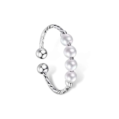 Mindful Rings Anxiety Ring Adjustable Sizing - Fits Most Fingers The Silver Twist Plated - White Faux Pearl Fidget Anxiety Ring