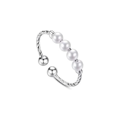 Mindful Rings Anxiety Ring Adjustable Sizing - Fits Most Fingers The Silver Twist Plated - White Faux Pearl Fidget Anxiety Ring