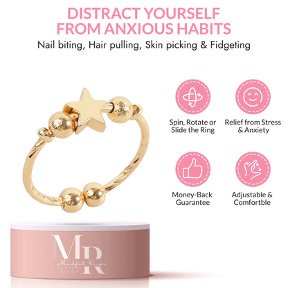 Mindful Rings Anxiety Ring Adjustable Size - One Size Fits All The Star Shine Collection - Gold Plated Fidget Spinner Ring