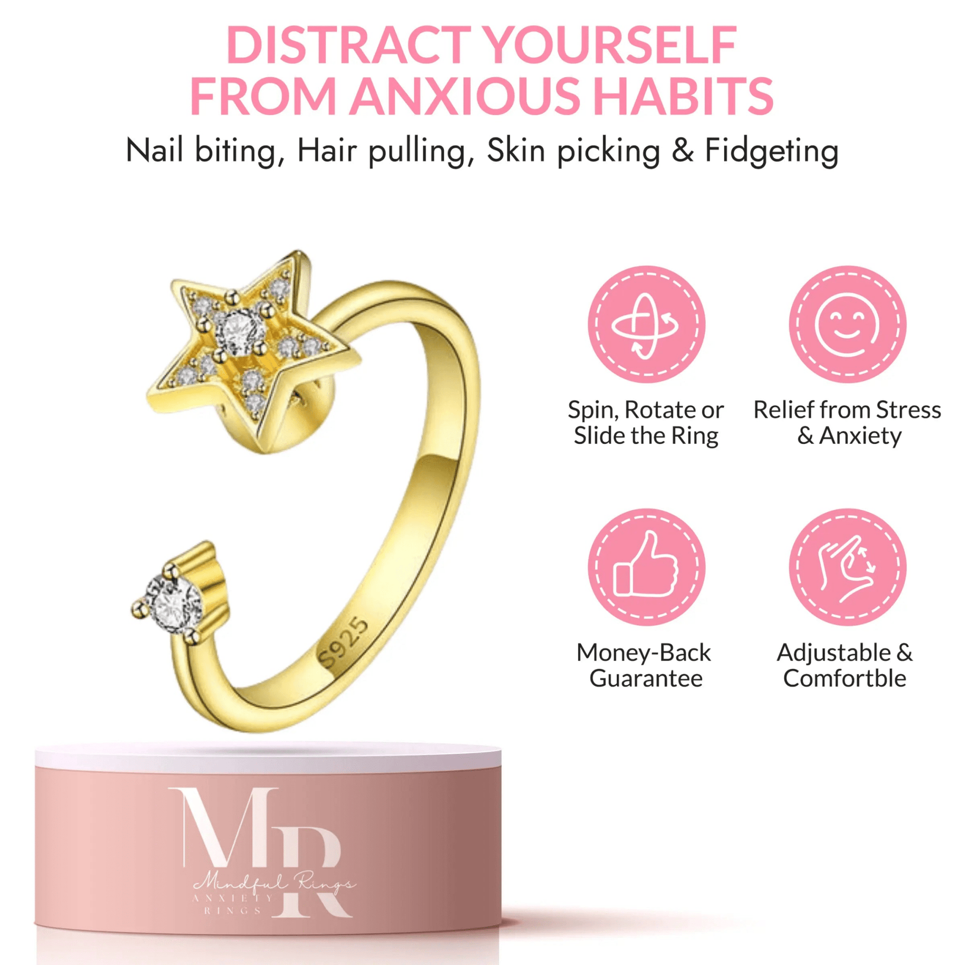 Mindful Rings Anxiety Ring Adjustable Size - One Size Fits All The Starlight Collection Mindful Rings - Gold Plated Sterling Silver Fidget Spinner Ring