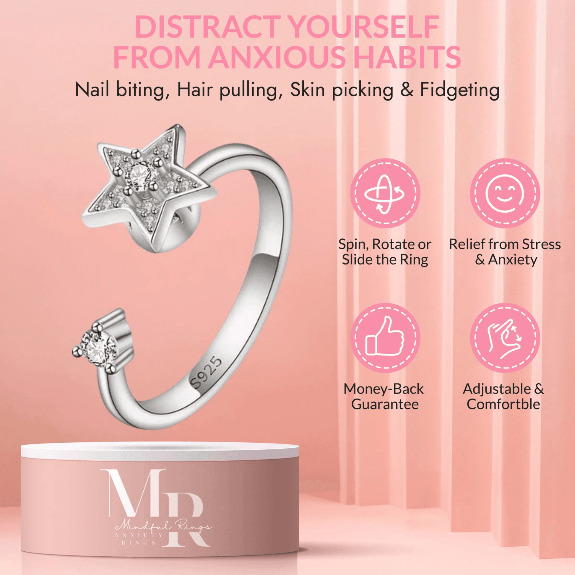 Mindful Rings Anxiety Ring Adjustable Size - One Size Fits All The Starlight Collection Mindful Rings - Sterling Silver Fidget Spinner Ring