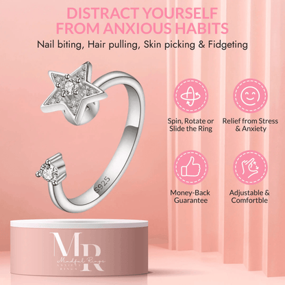 Mindful Rings Anxiety Ring Adjustable Size - One Size Fits All The Starlight Collection Mindful Rings - Sterling Silver Fidget Spinner Ring