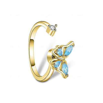 Mindful Rings Anxiety Ring Adjustable Size - One Size Fits All The Wellbeing Collection - Gold Plated Blue Butterfly Fidget Spinner Ring