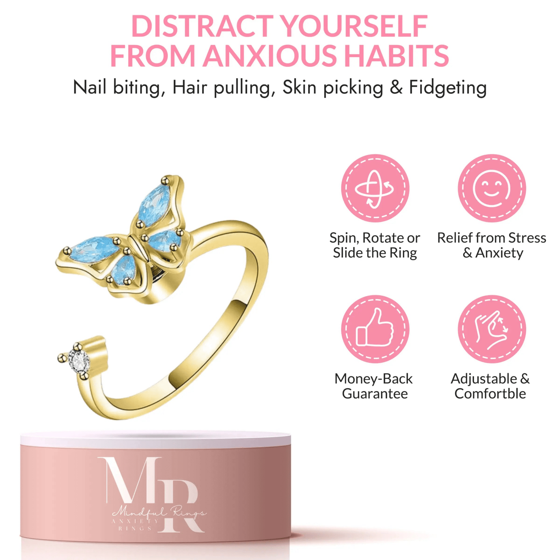 Mindful Rings Anxiety Ring Adjustable Size - One Size Fits All The Wellbeing Collection - Gold Plated Blue Butterfly Fidget Spinner Ring