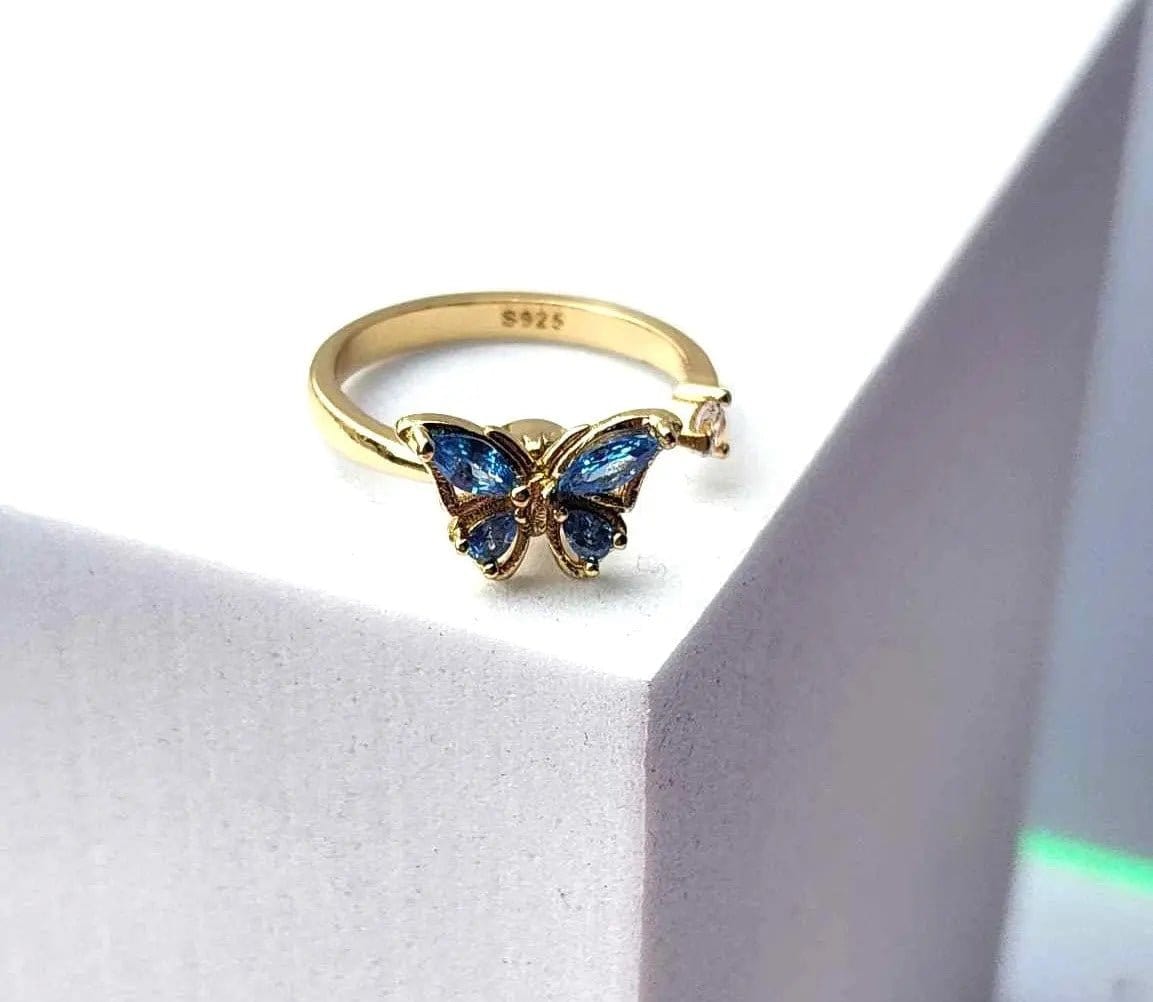 Mindful Rings Anxiety Ring Adjustable Size - One Size Fits All The Wellbeing Collection - Gold Plated Blue Butterfly Fidget Spinner Ring