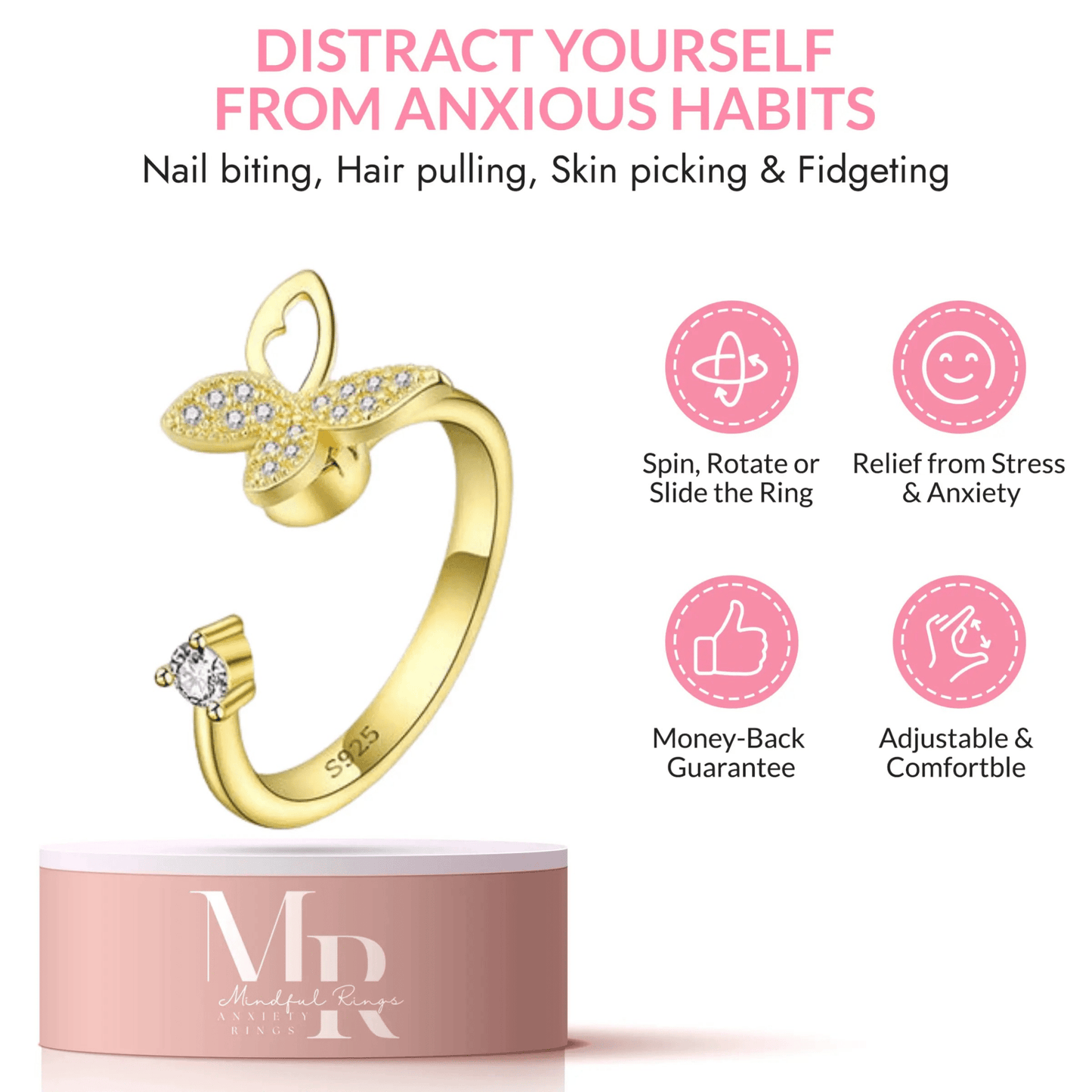 Mindful Rings Anxiety Ring Adjustable Size - One Size Fits All The Wellness Collection Mindful Rings - Gold Plated Iced Butterfly Fidget Spinner Ring