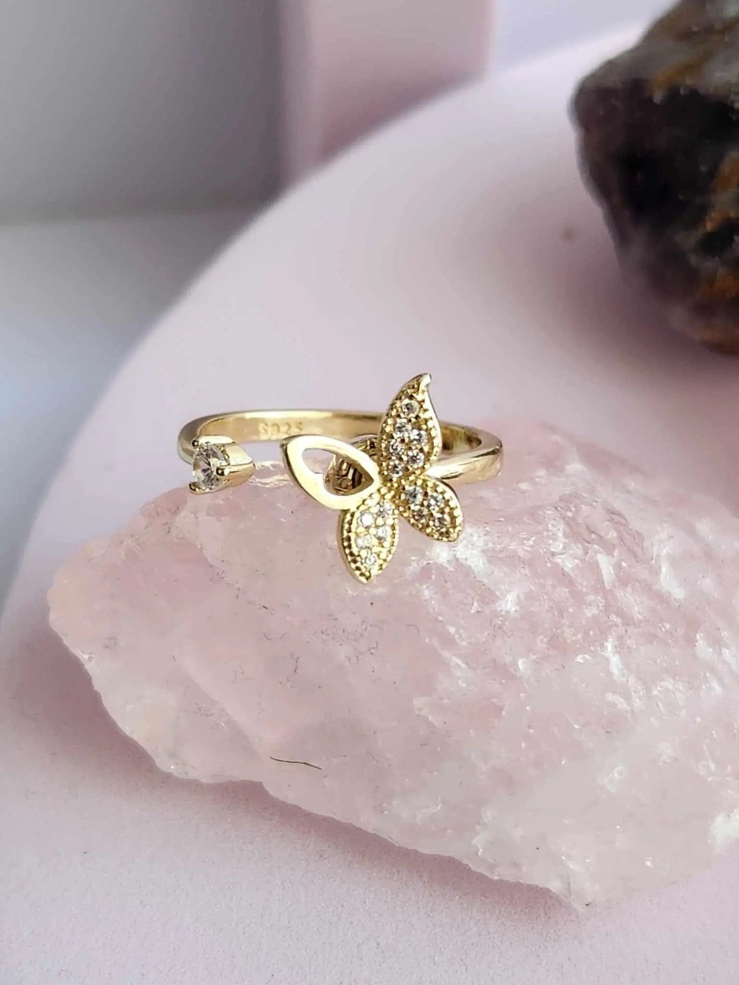 Mindful Rings Anxiety Ring Adjustable Size - One Size Fits All The Wellness Collection Mindful Rings - Gold Plated Iced Butterfly Fidget Spinner Ring