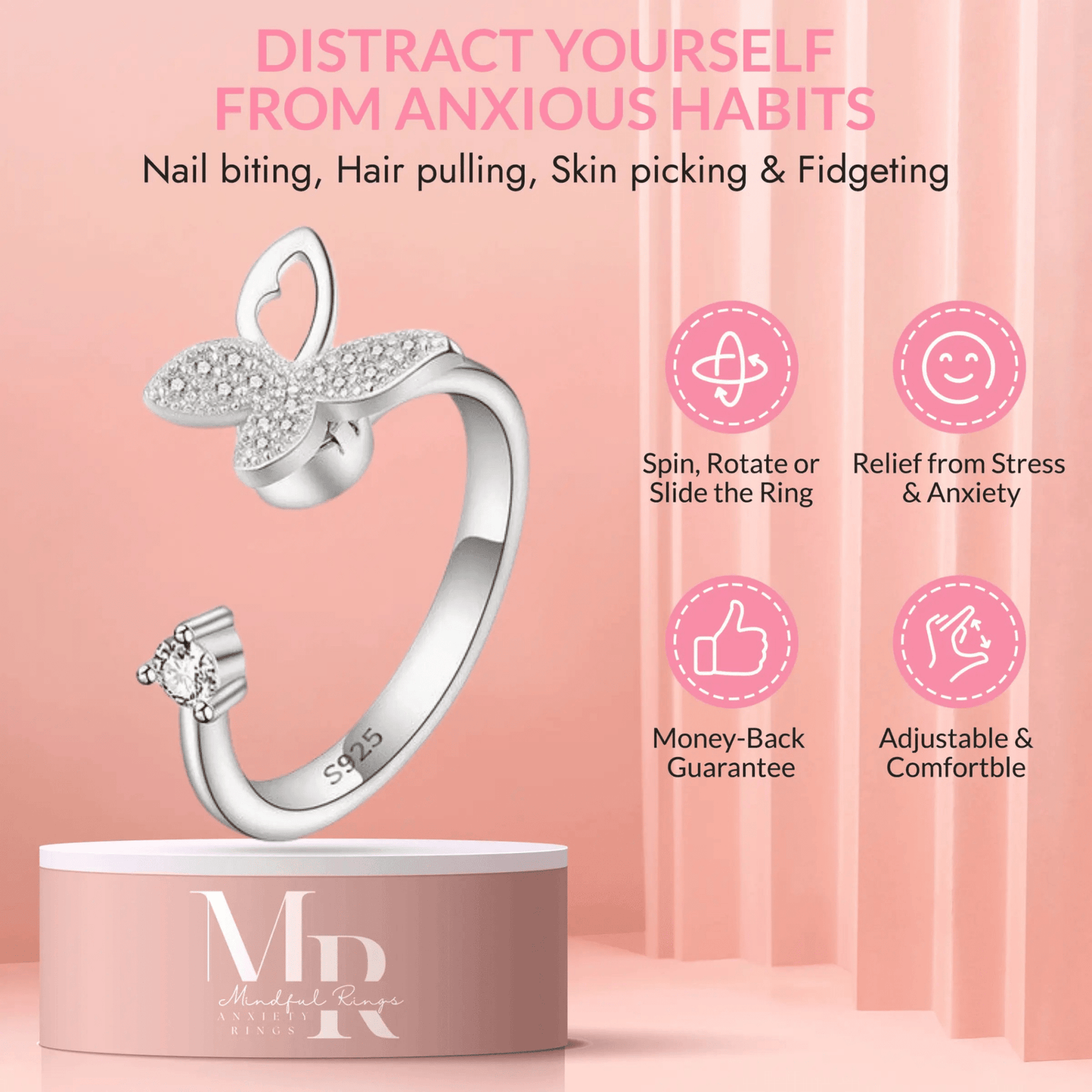 Mindful Rings Anxiety Ring Adjustable Size - One Size Fits All The Wellness Collection Mindful Rings - Iced Butterfly Fidget Spinner Ring