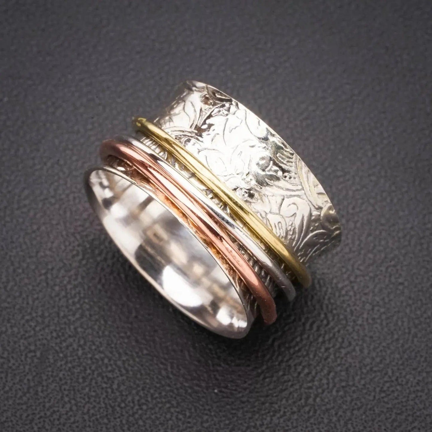 Mindful Rings Anxiety Ring Valiant Meditation Ring - The Mindful Collection Solid .925 Sterling Silver Spinning Three Tones Triple-Layer Handmade 925 Sterling Silver Ring