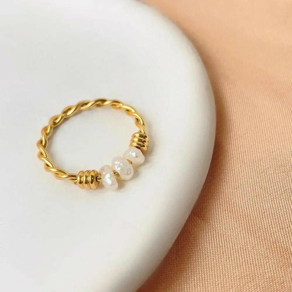 PRE ORDER Gold Plated Twist Titanium Steel Natural Freshwater Pearl Ring - Spinning Rotating Fidget Anxiety Ring - Mindful Rings